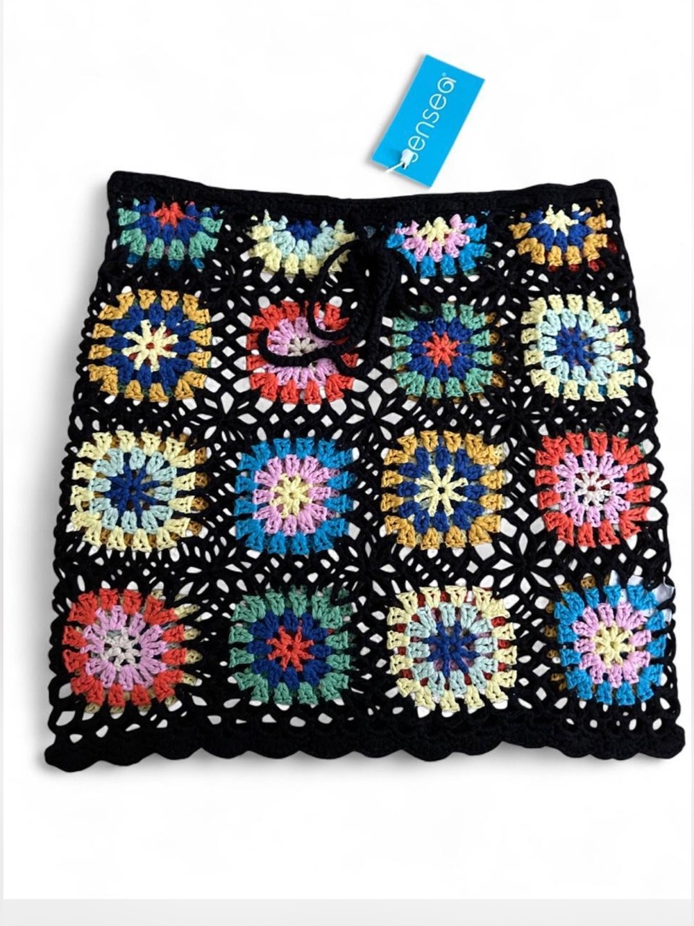 Black Crochet Multicolor Granny-Square Mini Skirt Size Small. Brand new with tag